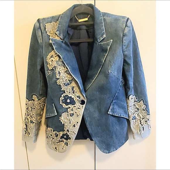White House Black Market Blue Denim Blazer with lace Detail - Picture 3 of 7